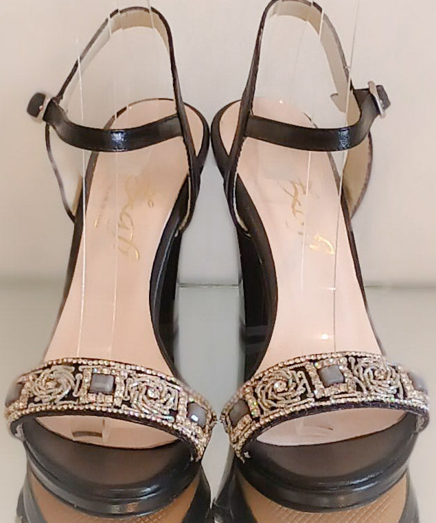 Sandale noire  cuir et cristaux art 278 - Black leather jewelled sandal