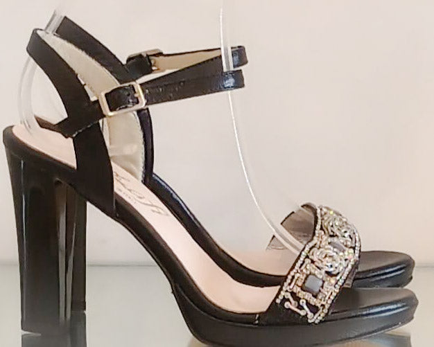 Sandale noire  cuir et cristaux art 278 - Black leather jewelled sandal