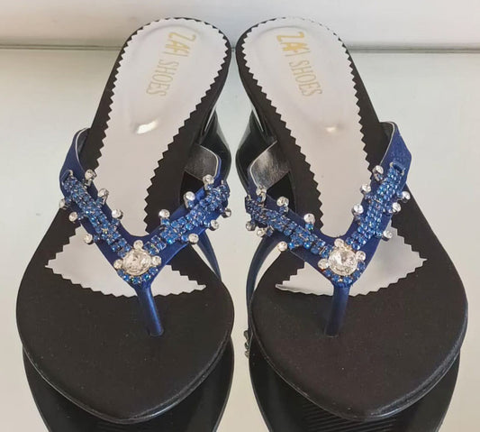 Tongue cuir soie cristaux bleus art 0013